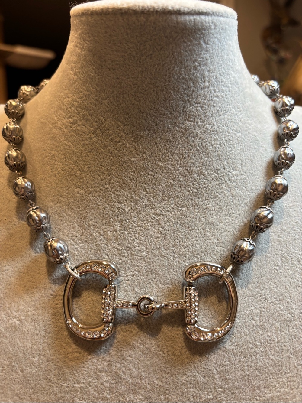 Handmade Silver tone Crystal Horsebit Statement Necklace on vintage style Czech